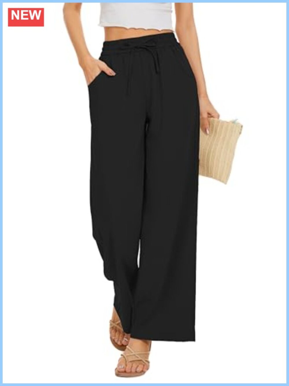 Wide Leg Palazzo Pants with Pockets, Loose Fit Drawstring Waist